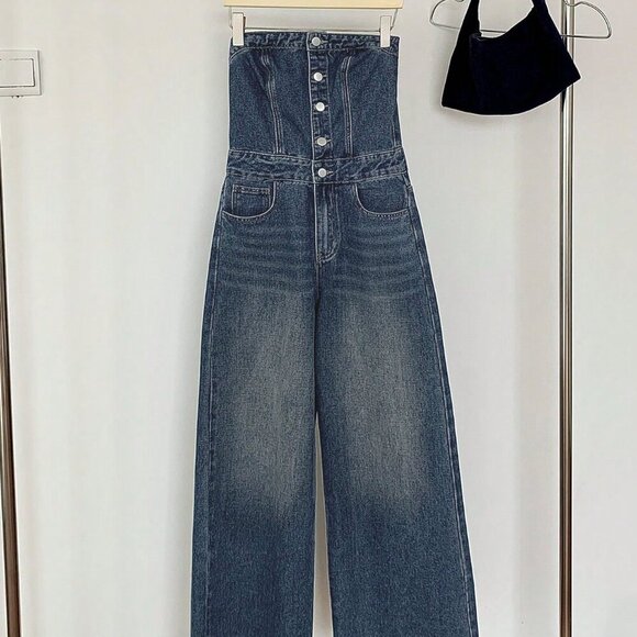 Medium Wash Casual Women's Button Front Pocket Wide Leg Halter Denim Jumpsuit - Picture 3 of 6